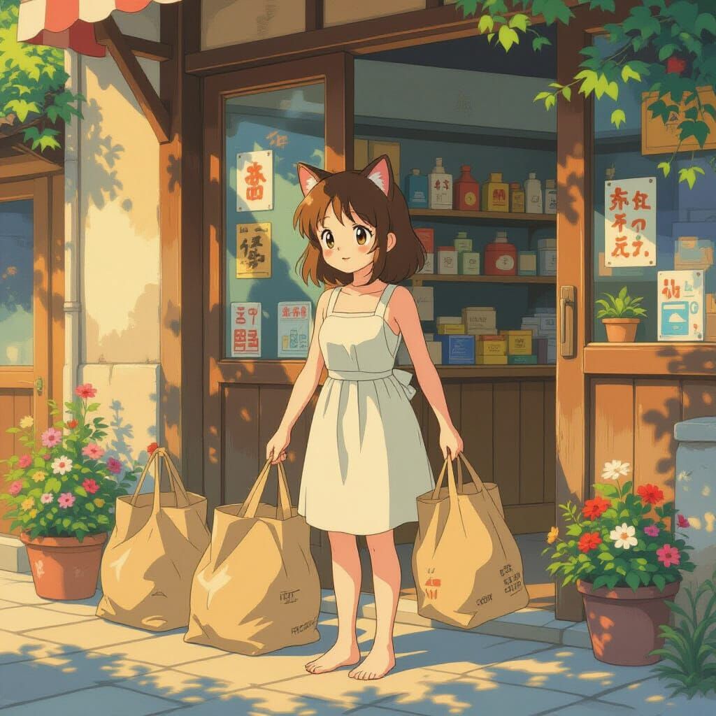 Anime Catgirl Takes Out Trash Outside Shop in 90s Style