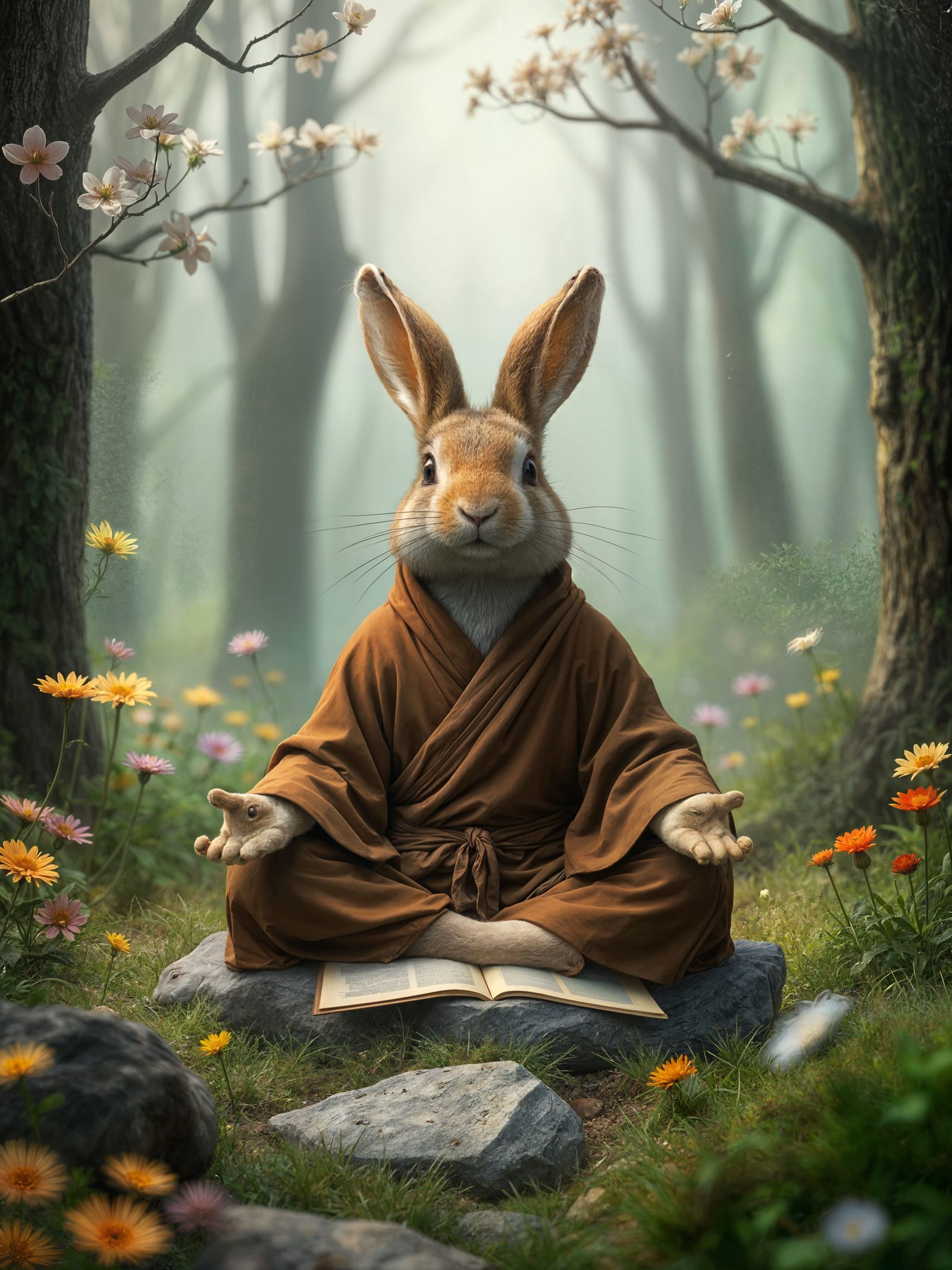 Meditating Rabbit in Magical Forest