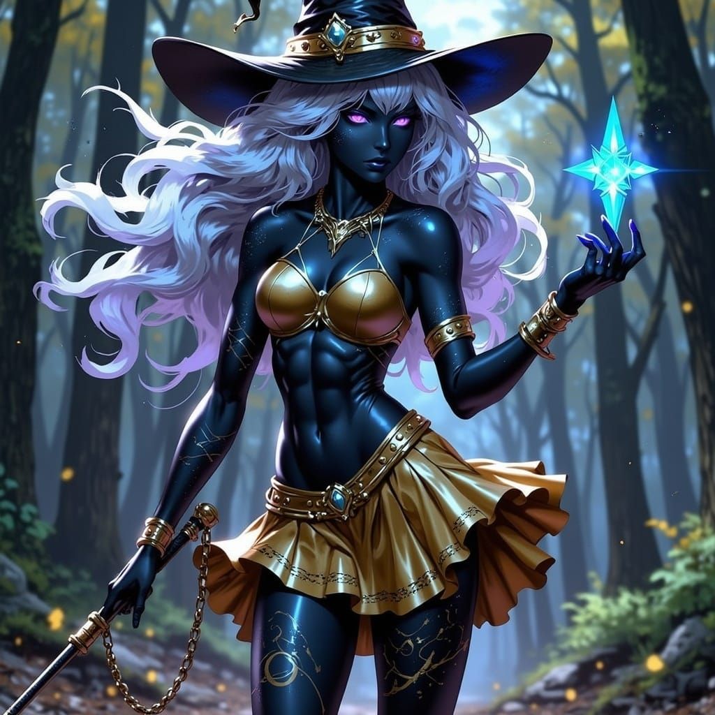 Fantasy Witch with Golden Runes in High-Fantasy Style