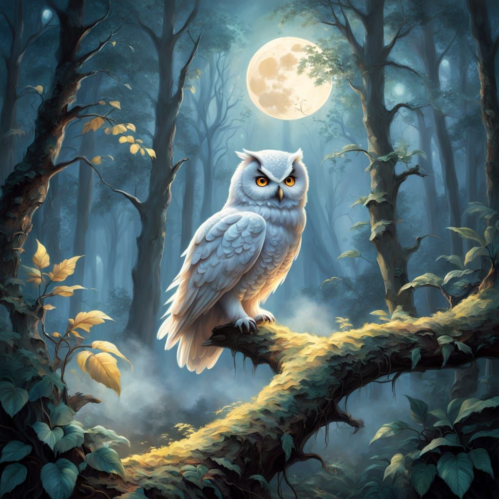 Ethereal Forest Scene with Perched Owl at Moonlit Tree
