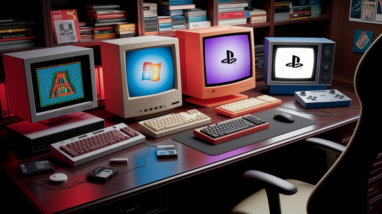 Vintage Computers on Dark Wood Desk in Warm Nostalgic Lighti...