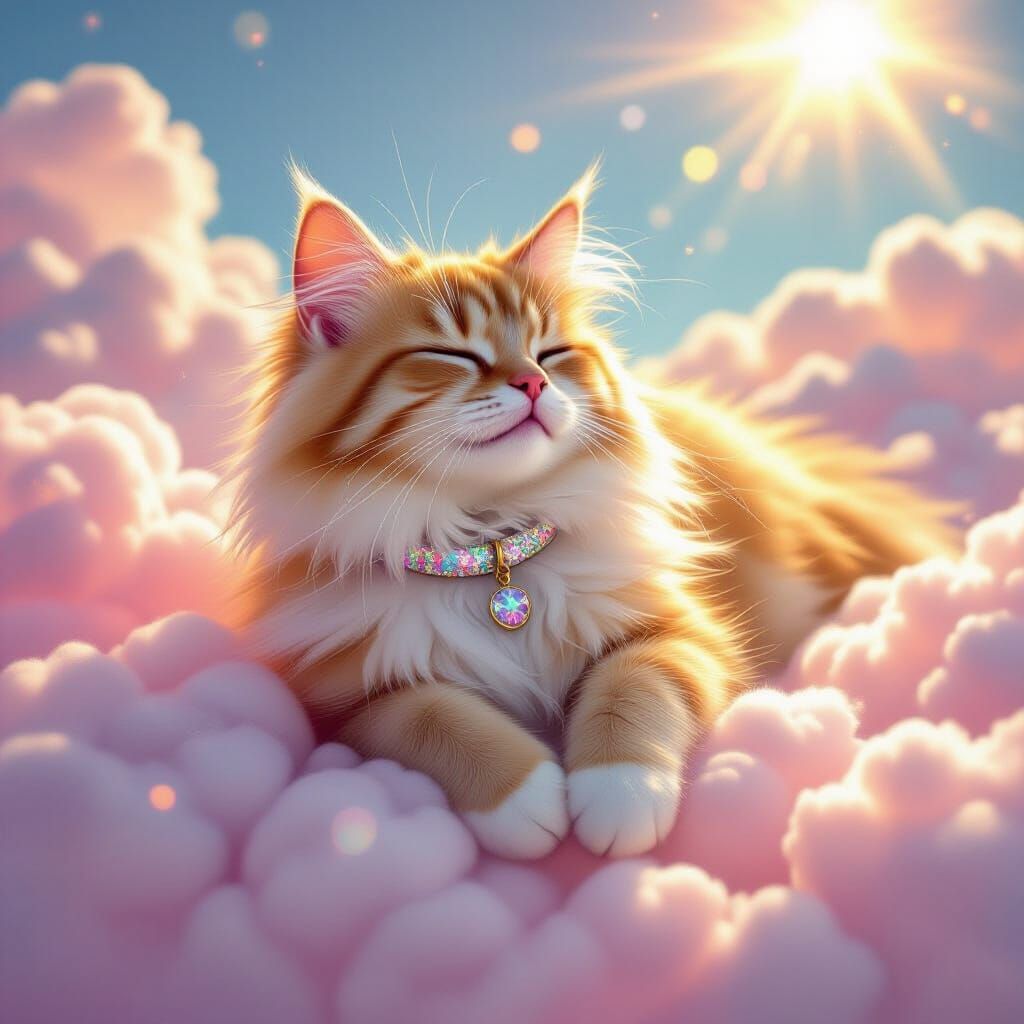 Stardust Cat Drifting on Candy Cloud, Digital Art