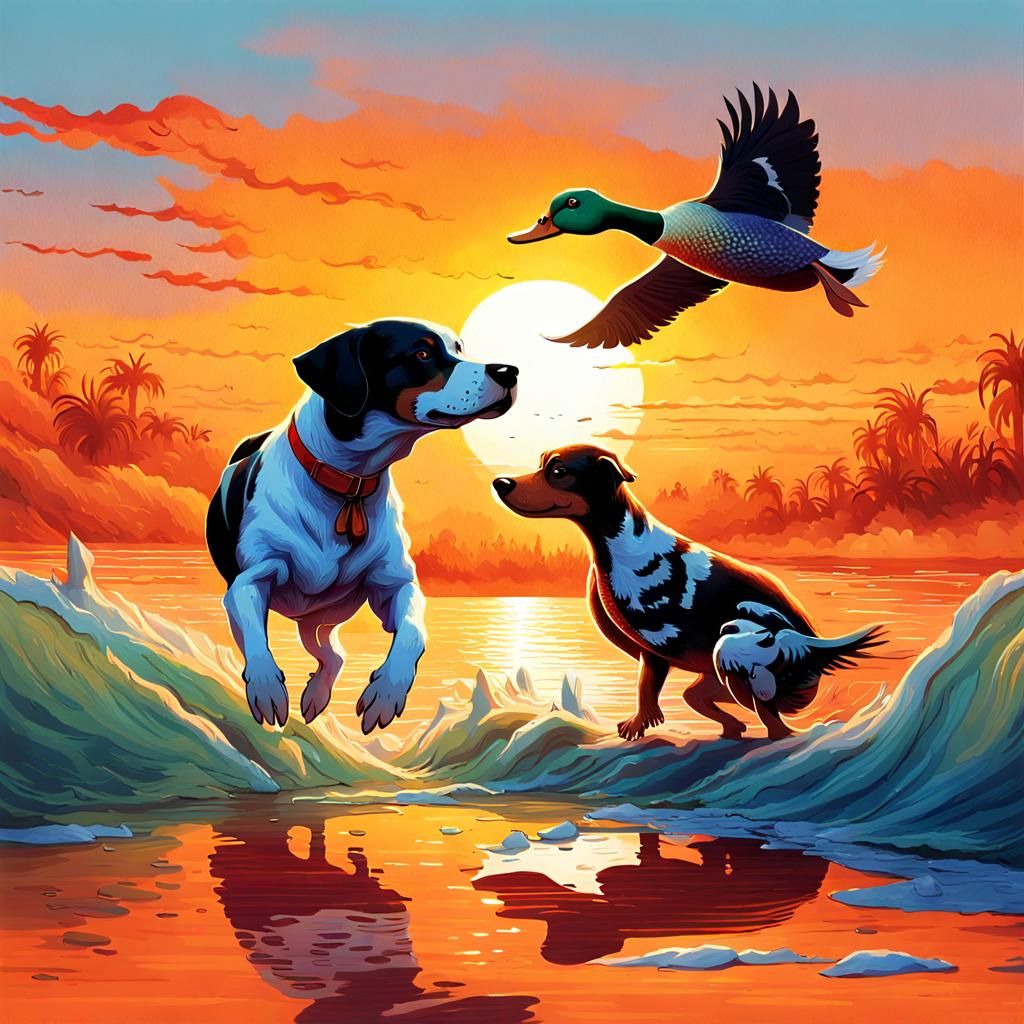 Duck Chasing Dog at Sunset in Hyperrealistic Splash Art