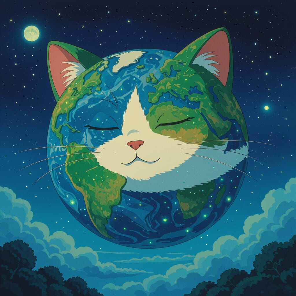 Cat Planet in Space, Ghibli Art Nouveau Style