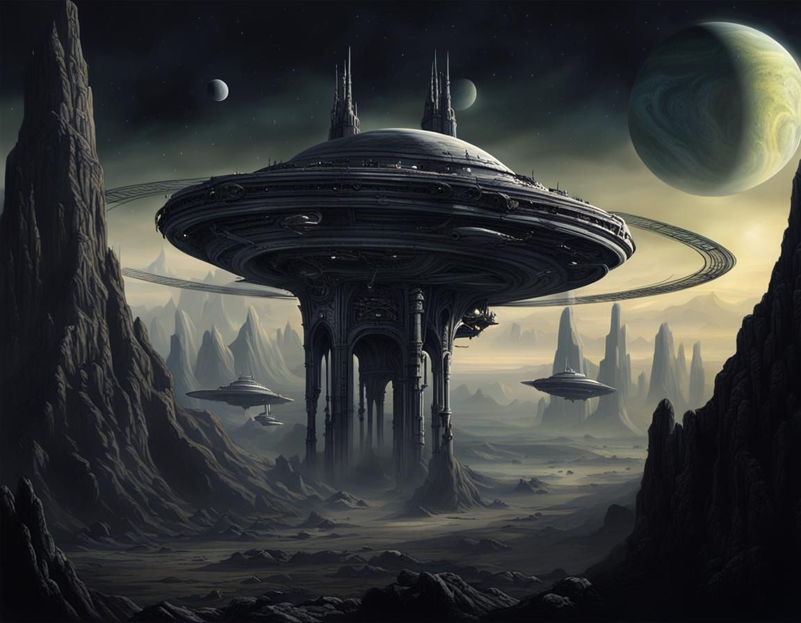 Gothic Spaceship Orbiting Saturn Matte Painting