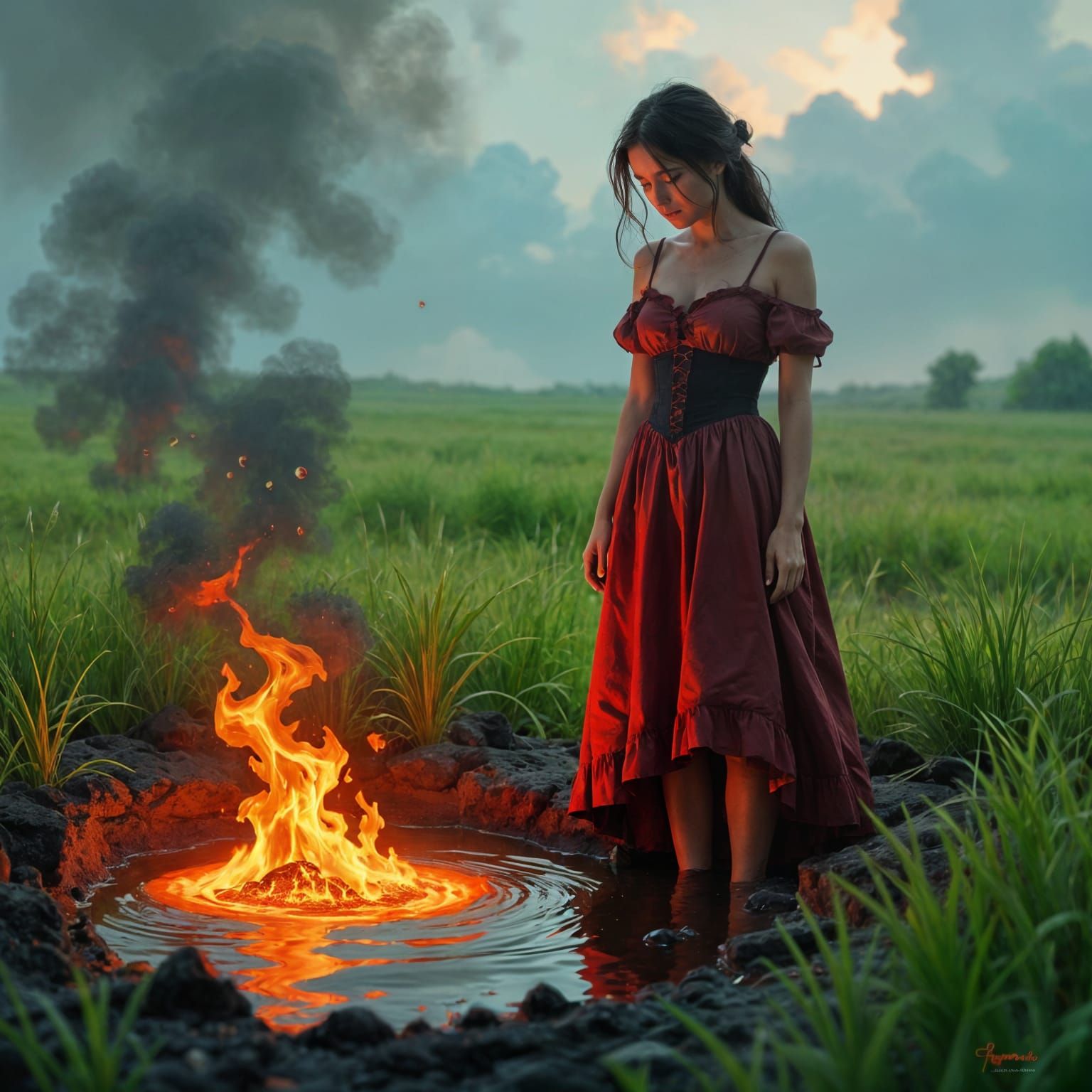 Woman Surprised by Magma Eruption in Green Meadow