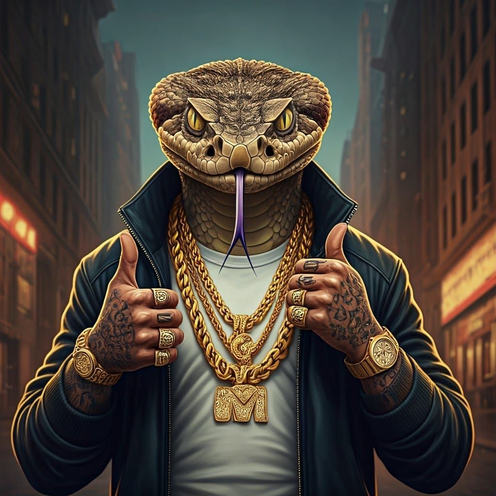 Realistic Gangster Rapper Rattlesnake with Gold Chains, Diam...