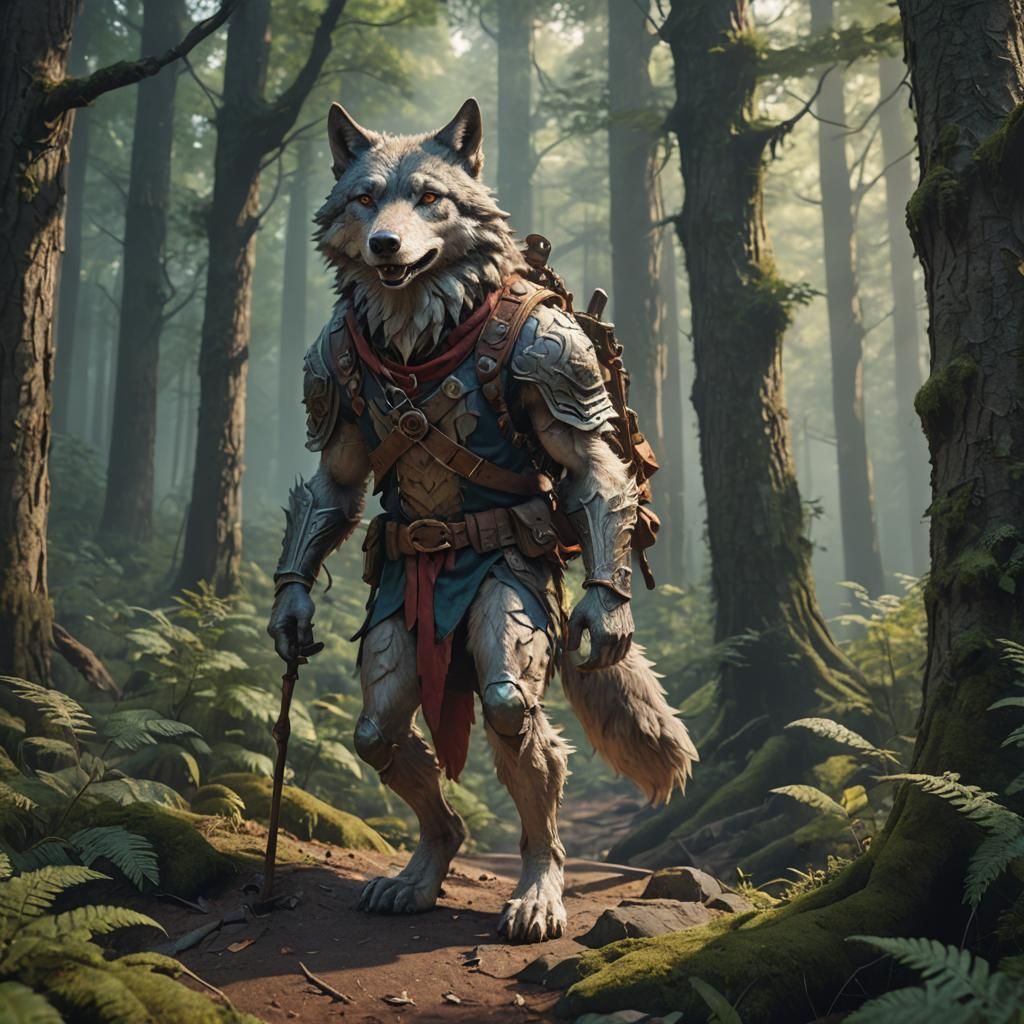 Anthropomorphic Wolf Hiking in Forest: Detailed Matte Painti...