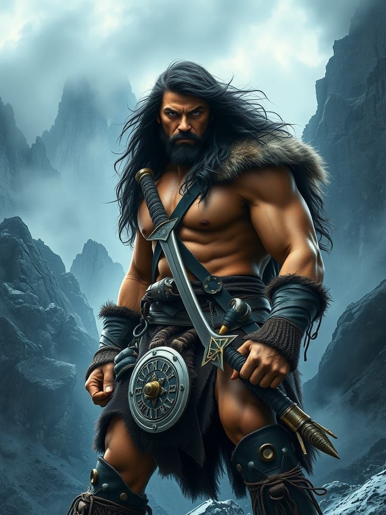 Savage Warrior of Cimmeria in a Gritty, High-Contrast Landsc...