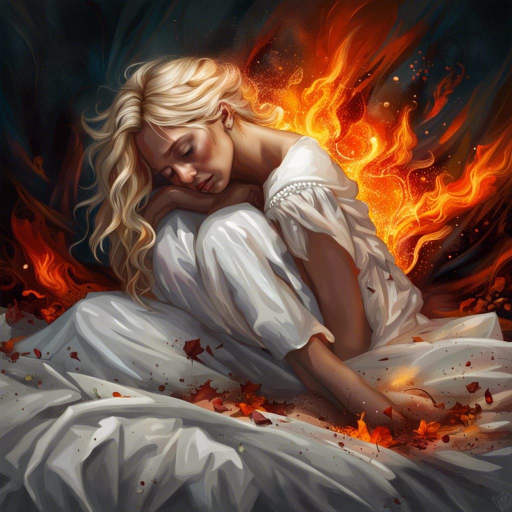 Blonde Girl Crying Amidst Fire: Emotional Digital Art