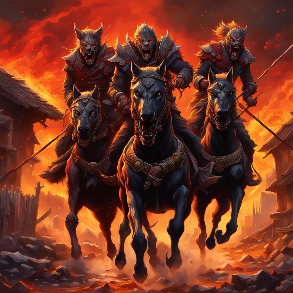 Apocalyptic Horsemen on Wolves in a Fiery Landscape