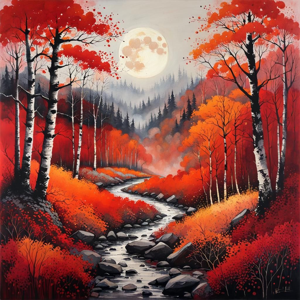 Red Forest Moonscape in Art Brut Style