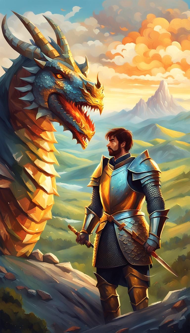 Knight and Playful Dragon in Fantasy Landscape