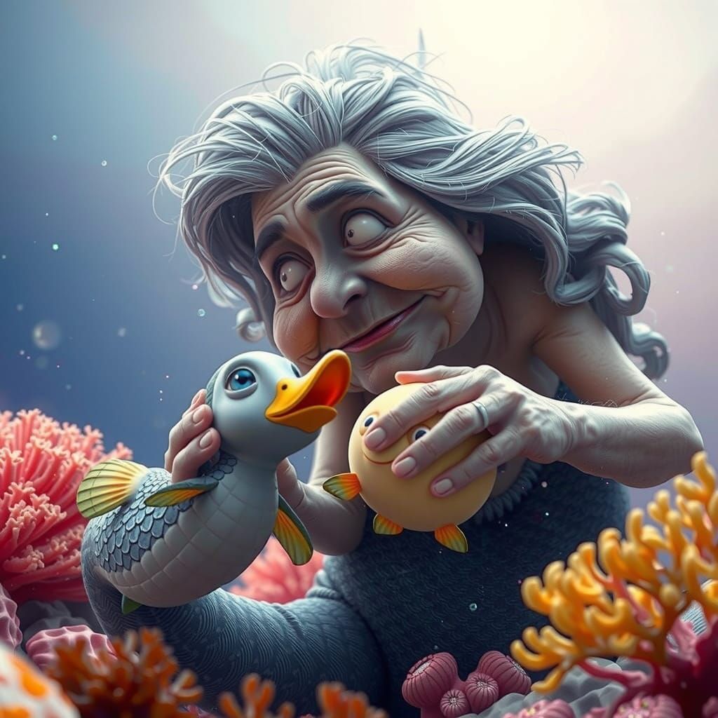 Wizened Grandmother Mermaid Plays with Quirky Pet in Vibrant...