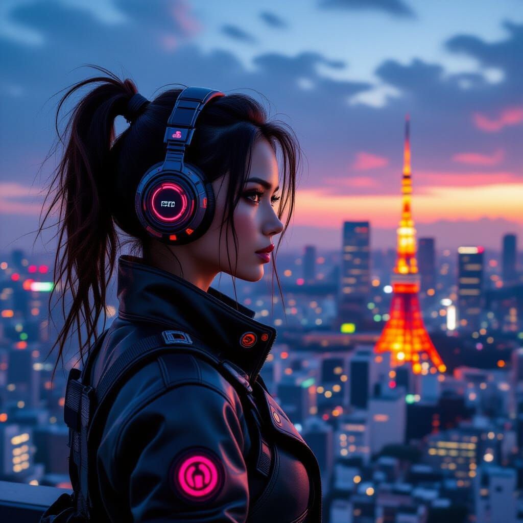 Cyberpunk Woman Overlooking Neon Tokyo Skyline
