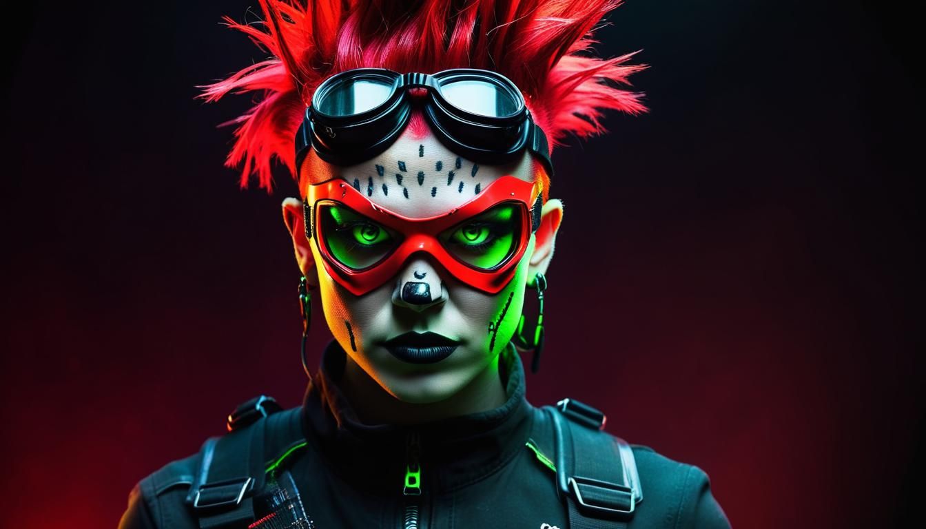 Roxy Ravage Portrait: Fierce Gaze in Neon-Lit Backdrop