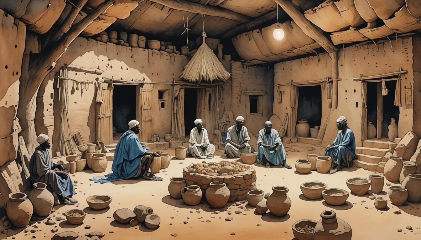 Dogon Village Interior in Monochromatic Watercolor