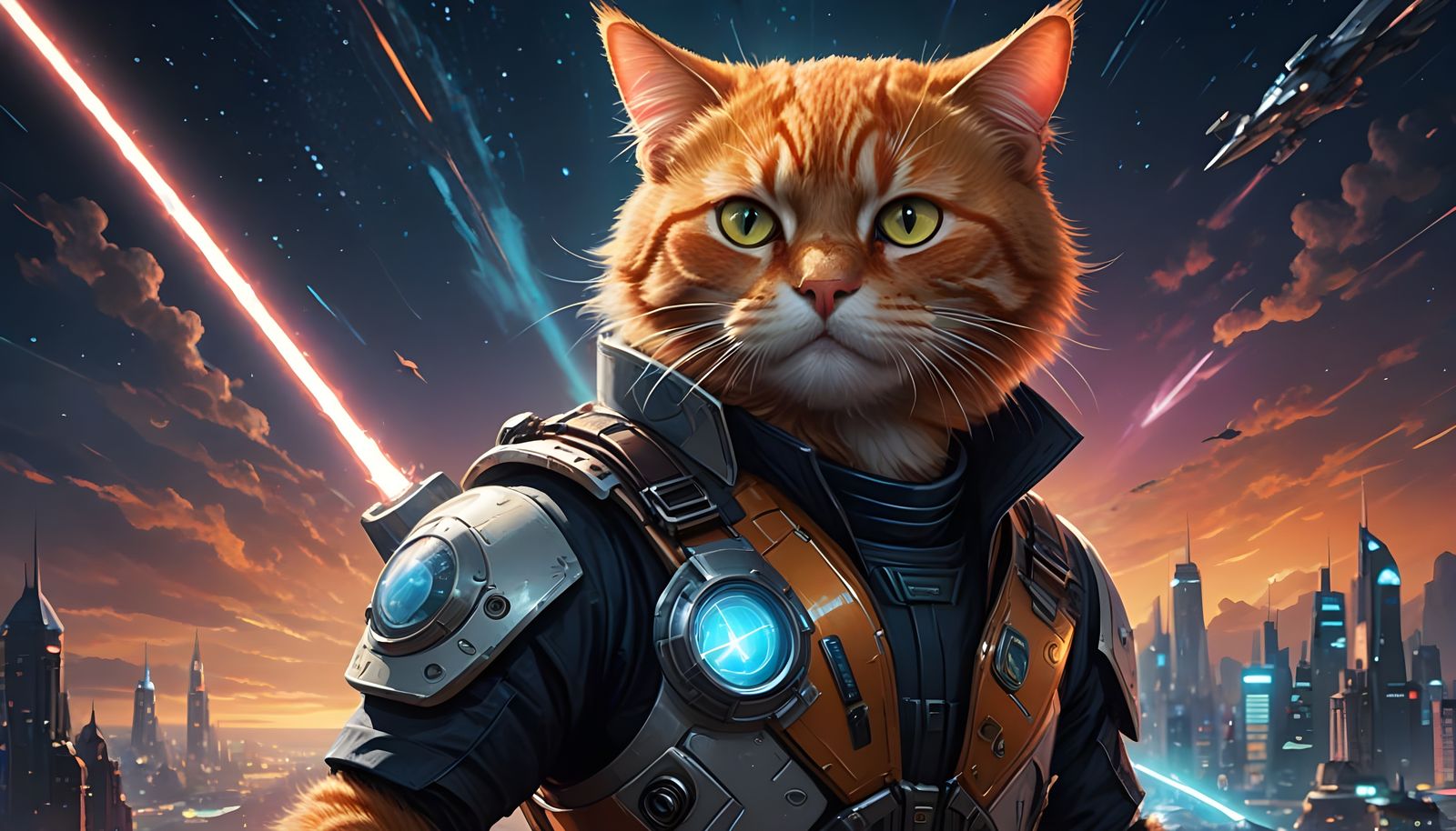 Futuristic Flying Cat with Laser Sword soars through Neon Sk...