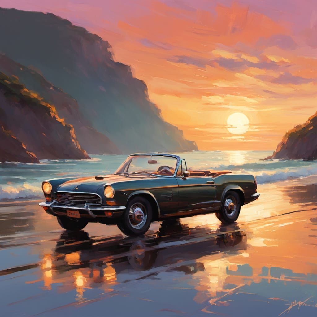 Classic Convertible in Impressionist Style at Sunset