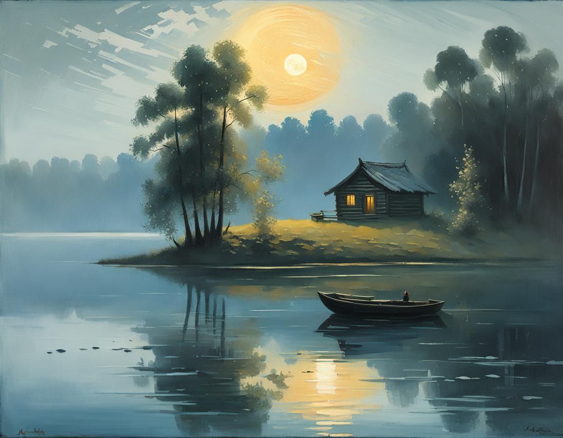 Romantic Lake Landscape in Impressionist Style