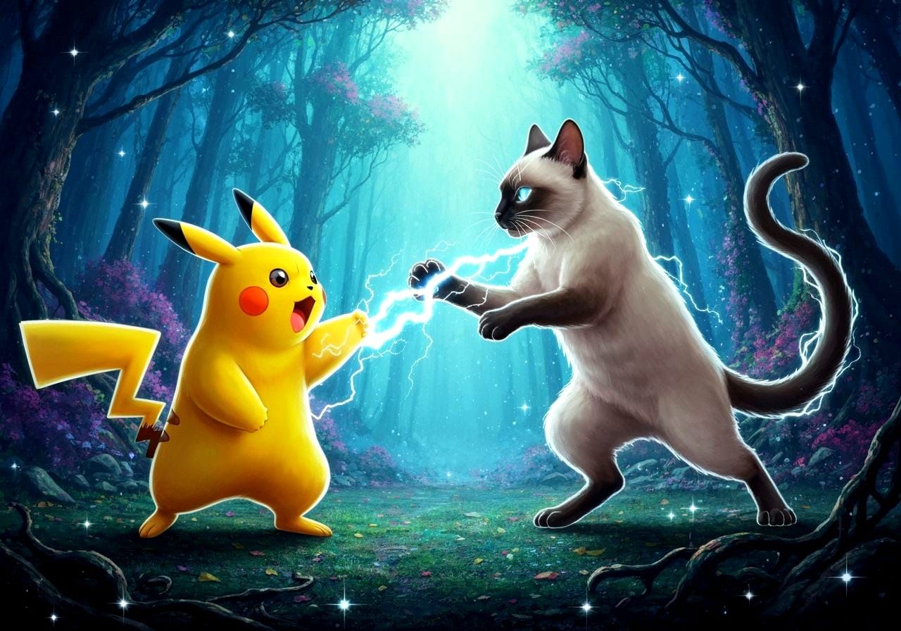 Pikachu vs Siamese Cat Battle with Lightning in Mystical For...