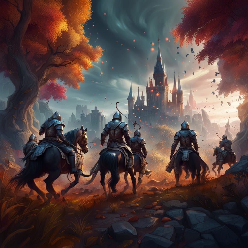 Knights Celebrate Victory in Magical Battlefield Landscape
