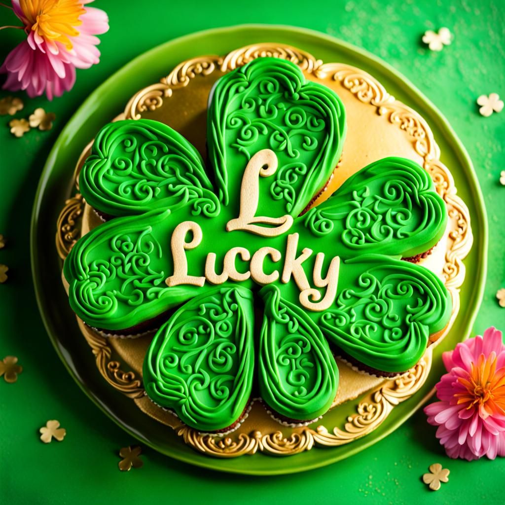 Intricate Clover Cake Spelling Lucky in Vivid Colors