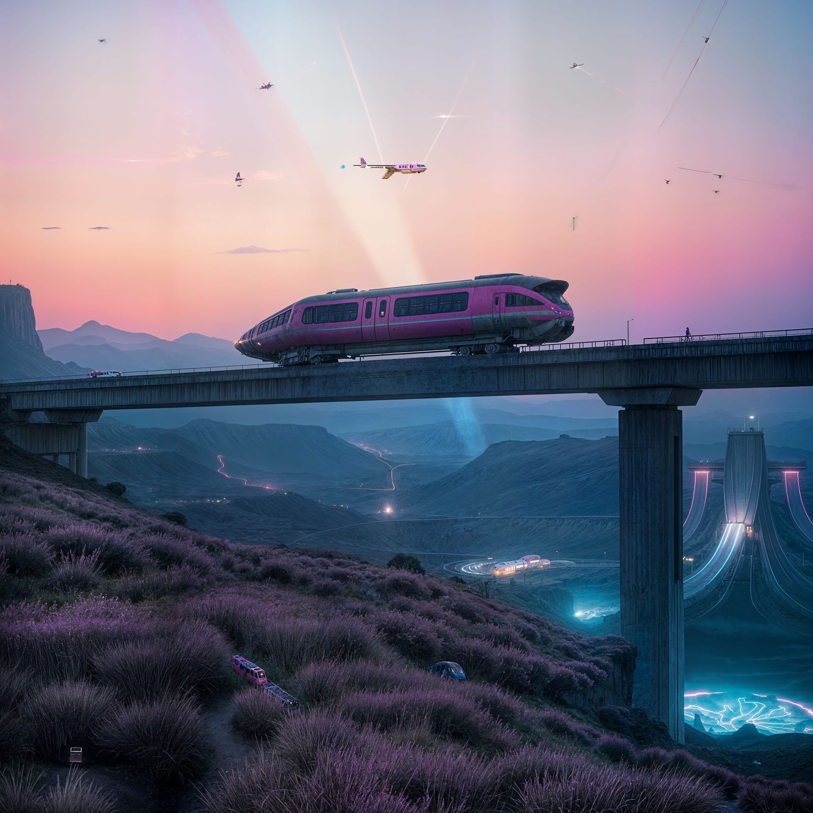 Pink Monorail Floats Above Blasted Landscape