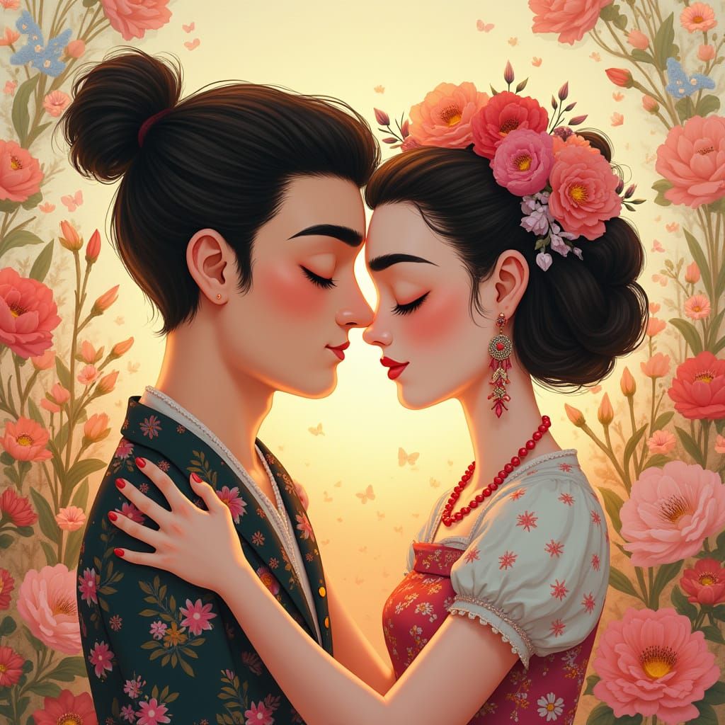 Warm Couple Embracing in Whimsical Dreamscapes