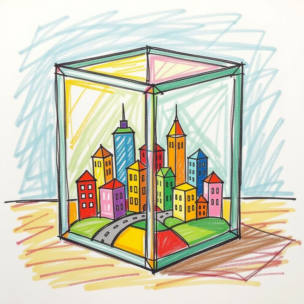 Childlike Crayon Drawing of City in Jewelry Box