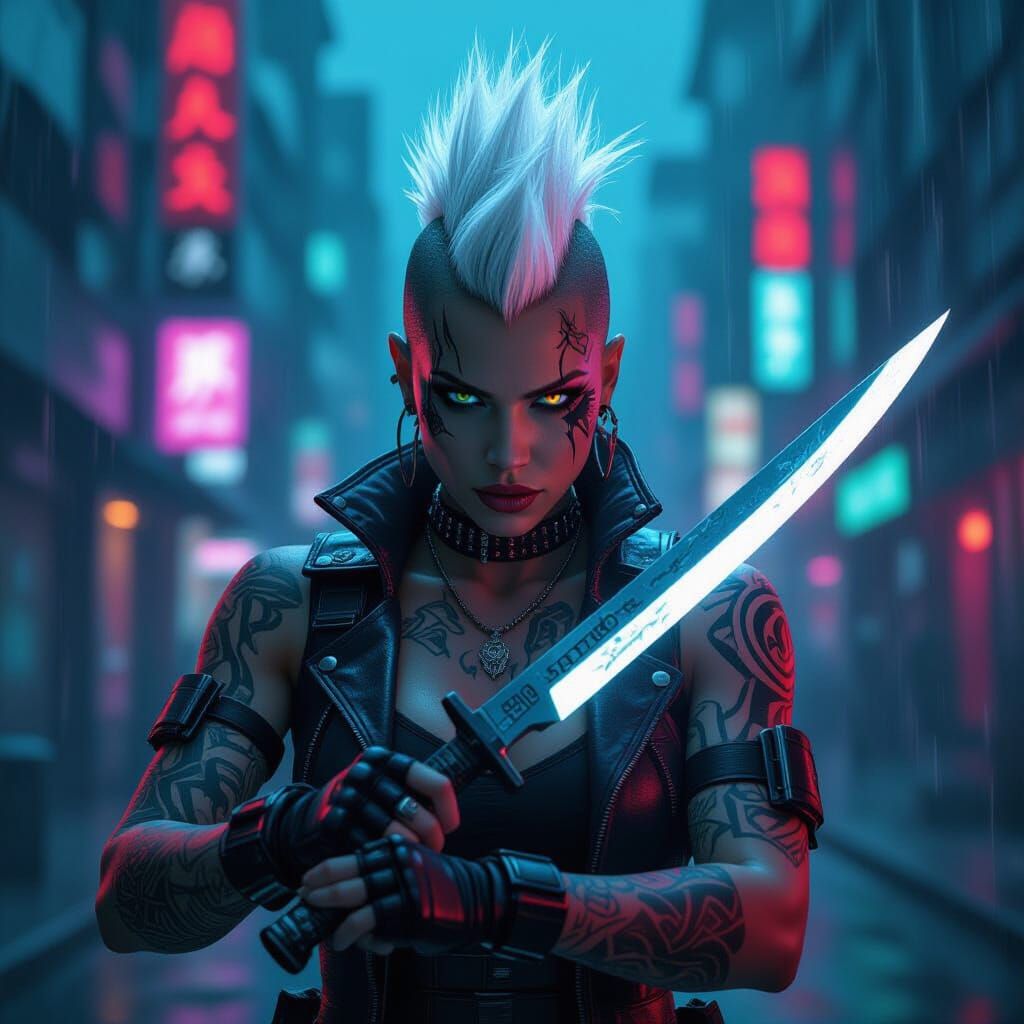 Cyberpunk Amazon Warrior with Glowing Tattoos and Knife