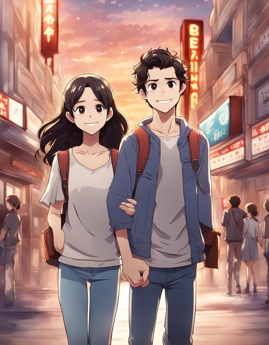 A teenage boy resembling Dylan O'Brien and a beautiful young woman resembling Jenna Ortega as a couple smiling, walking ...