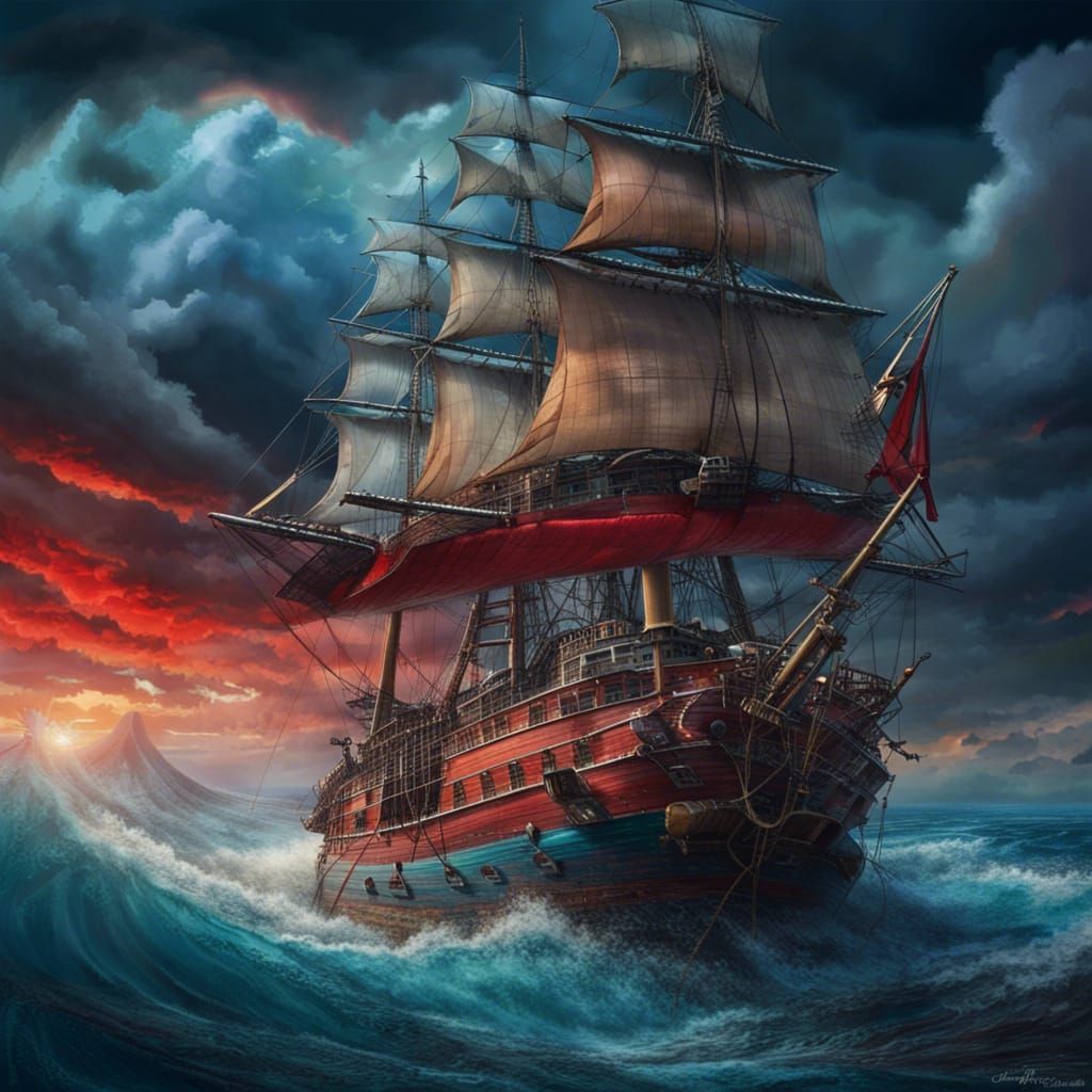 Epic Ship Amidst Stormy Seas in Pastel Colors