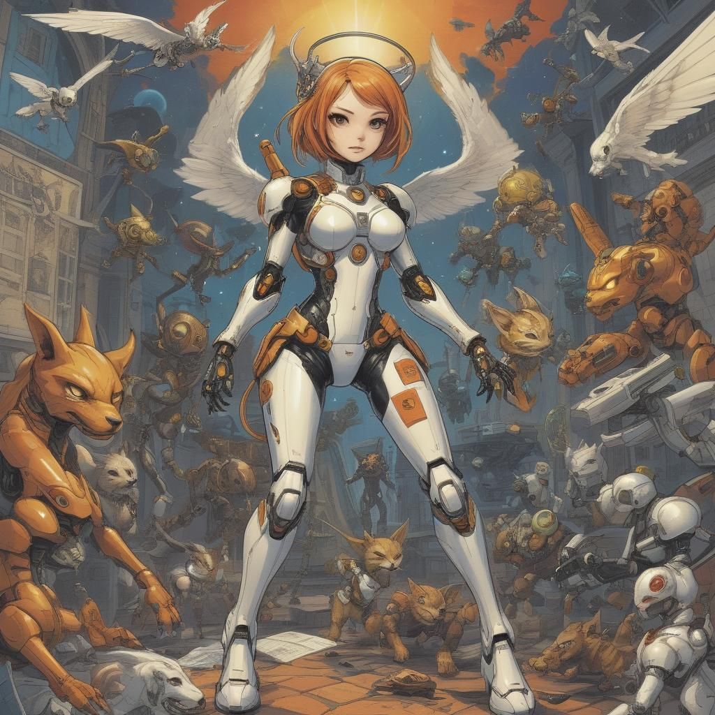 Chaotic Comic Book Scene with Robot Dog and Angels