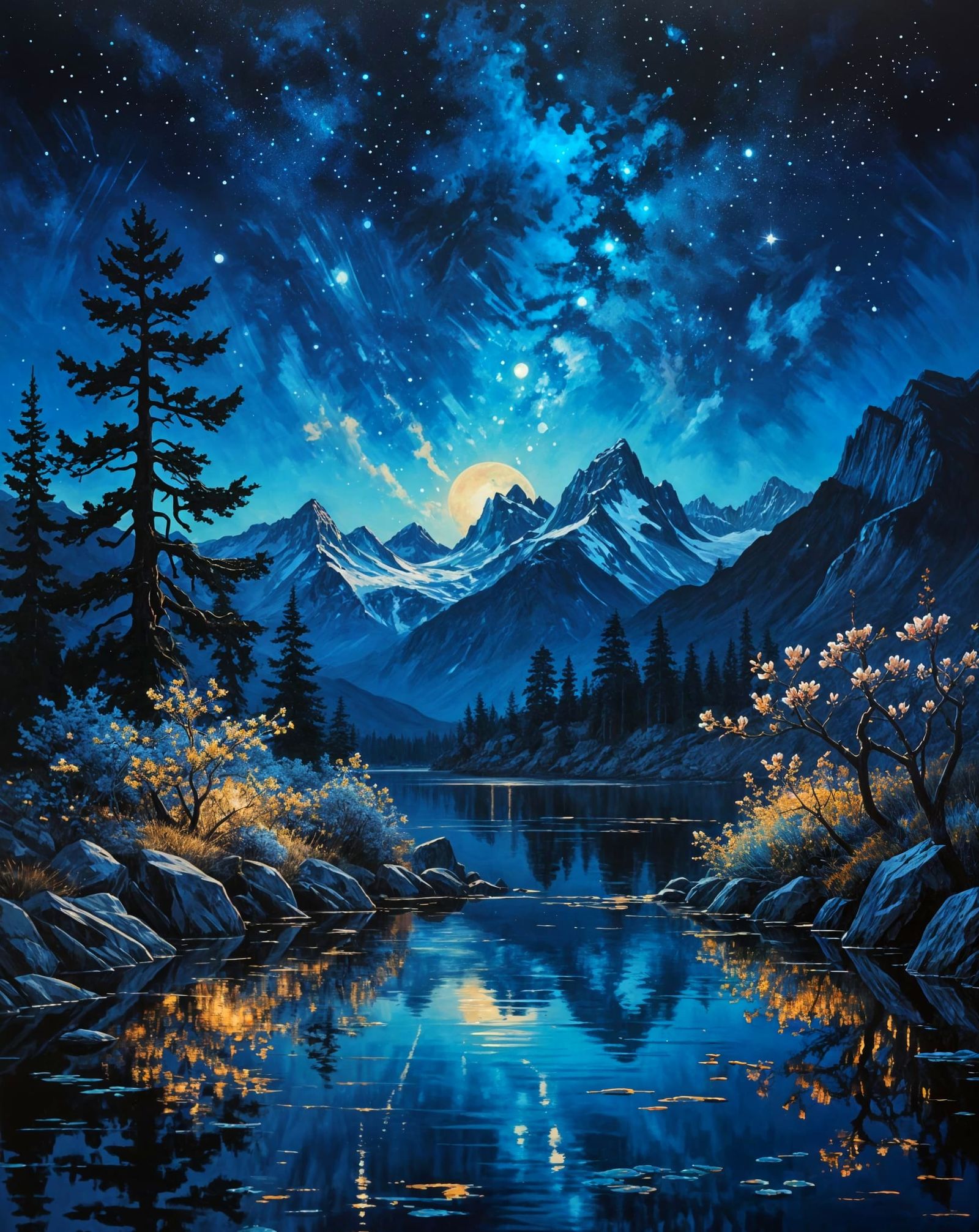 Majestic Mountainscape at Dusk with Starry Night Sky