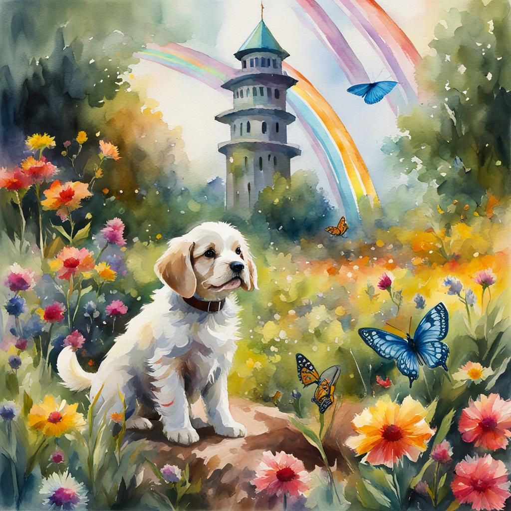 Puppy and Rainbow Bird: Watercolor Impressionist Masterpiece