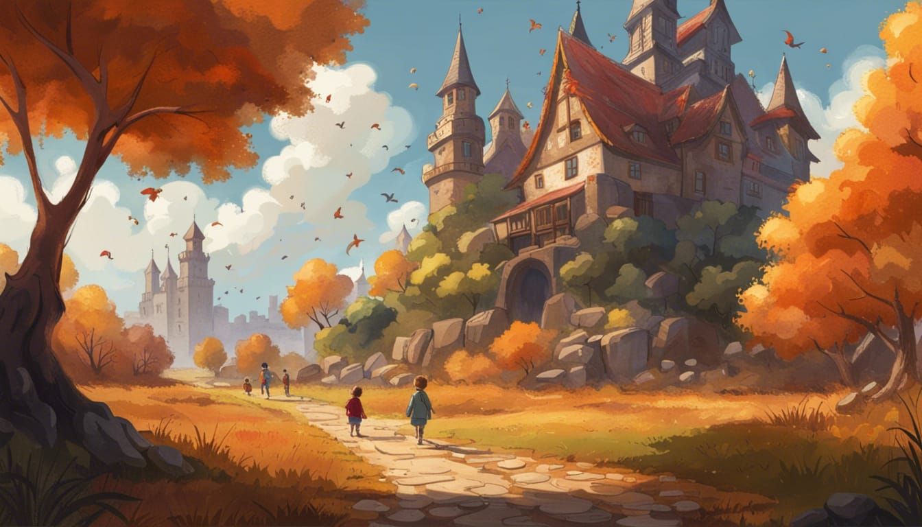 Young People Flying Kites in Autumn Landscape