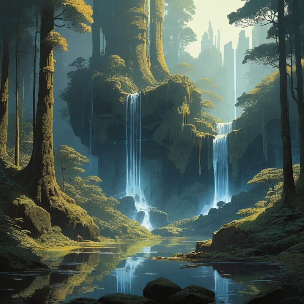 Golden Coin Forest Landscape in Dreamlike Style