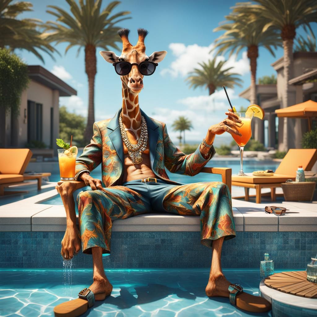Hip Hop Giraffe Relaxing Poolside, Detailed Matte Painting