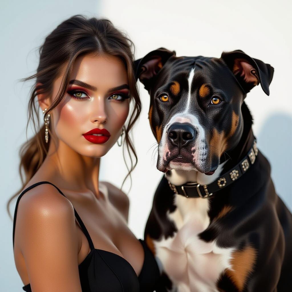 Glamorous Portrait of Woman and Amstaff Dog with Dramatic Li...