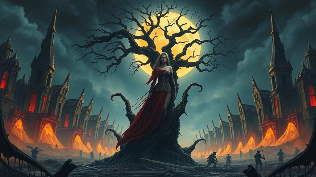 Warrior Queen in Post-Apocalyptic City as Matte Painting