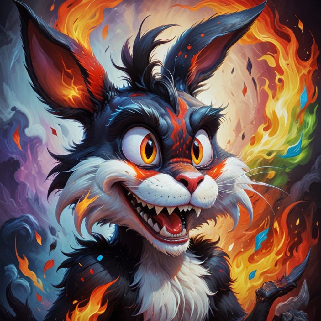 Evil Loony Toons Rabbit Villain with Fiery Backdrop