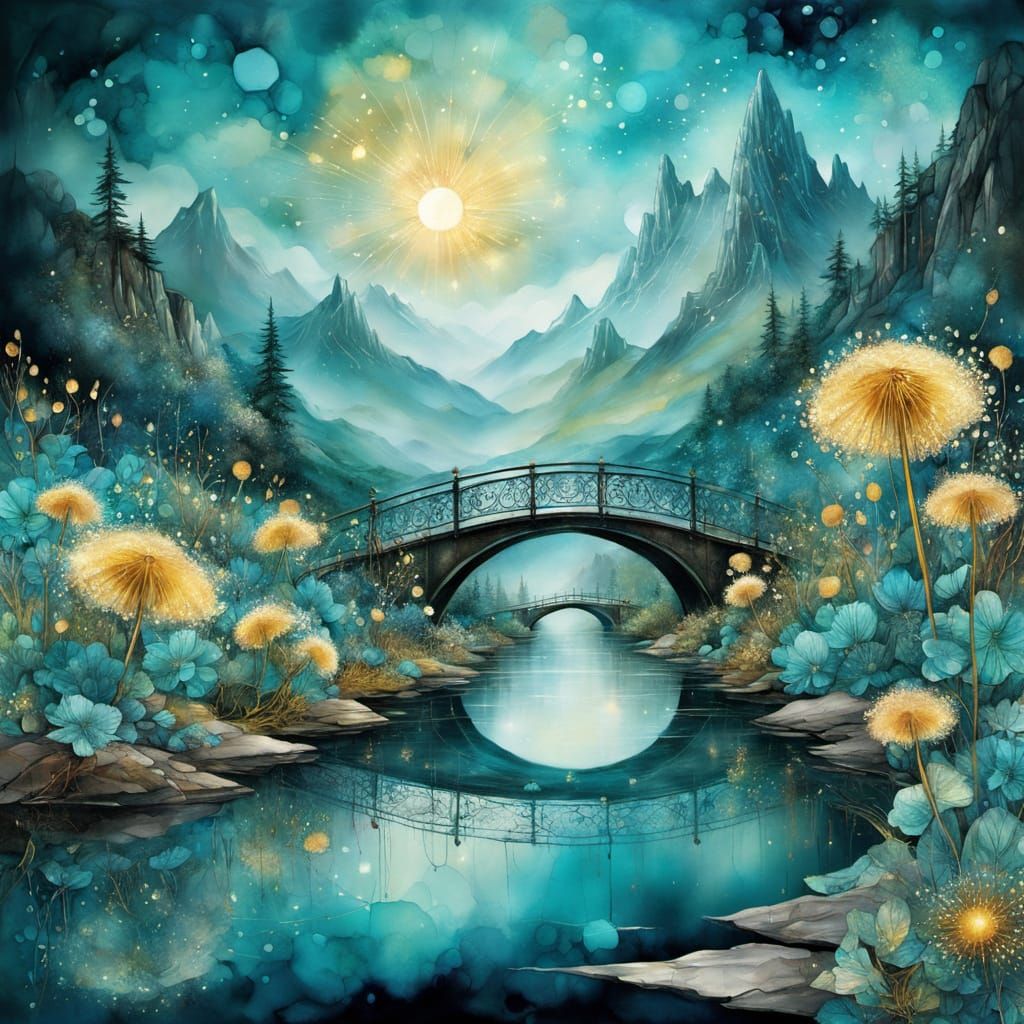 Magical Rainy Day Bridge Scene in Teal and Gold