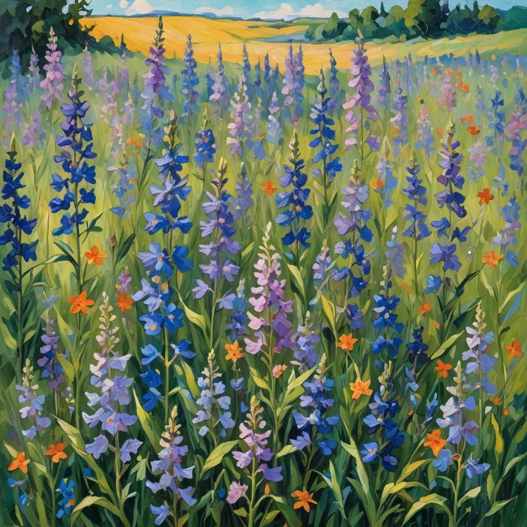 Larkspur Field: Expressionist Neo-Impressionist Oil Painting