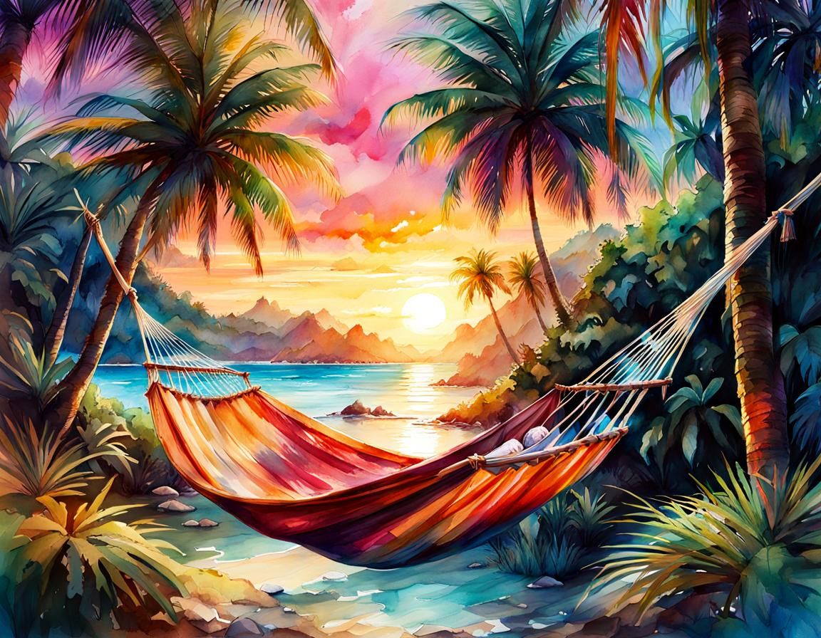 Lush Tropical Island Sunset in Watercolor Style