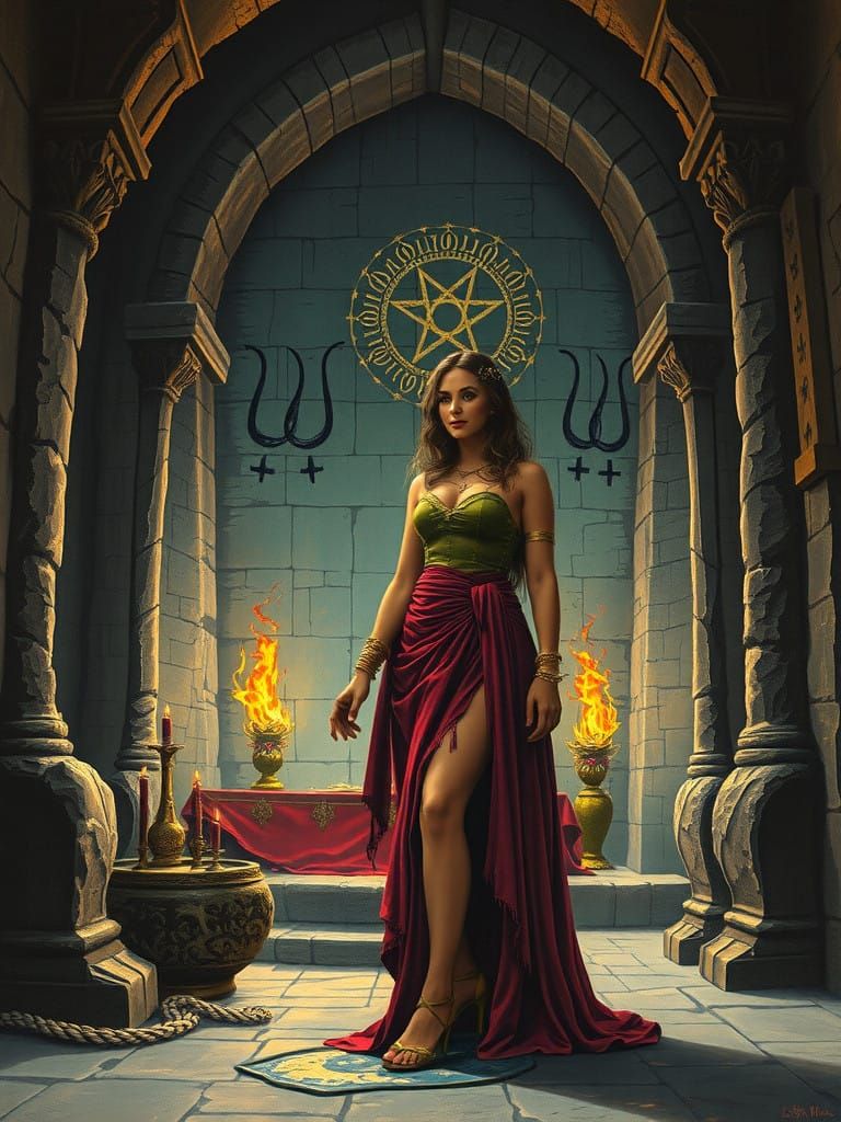 Gothic Pagan Priestess Standing Before Ancient Altar