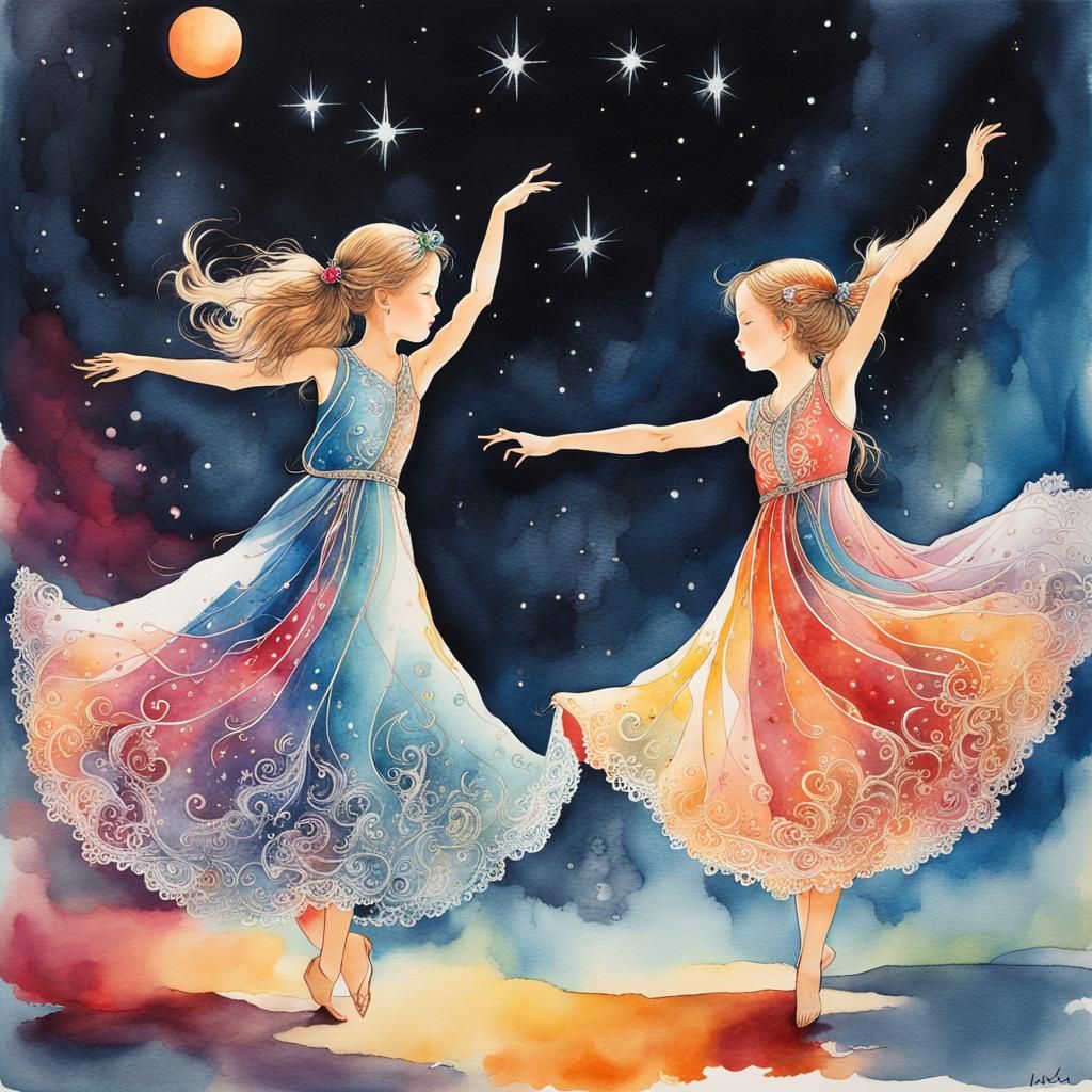 Children Dancing in Moonlight: Watercolor Ink Art