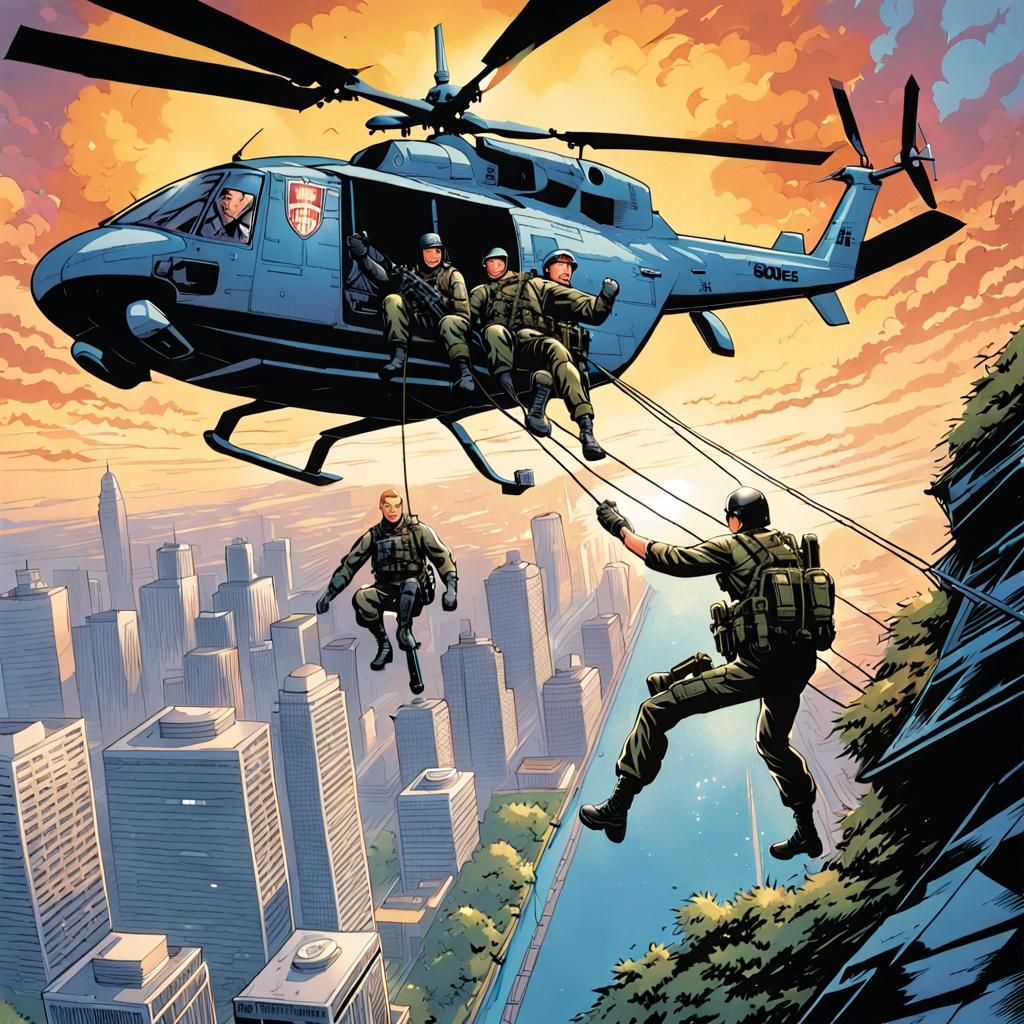 G.I. Joe holding a life size Barbie doll rappelling from a h...