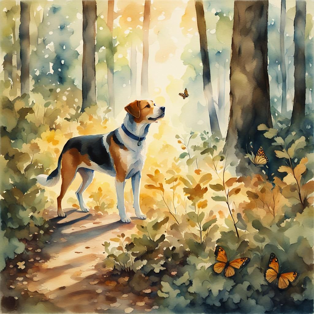 Watercolor Dog in Forest with Butterfly