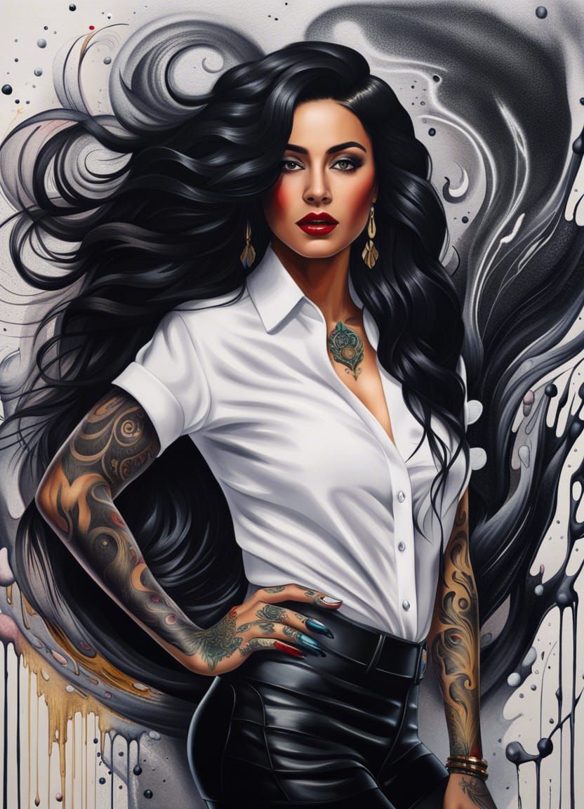 Hispanic Woman Portrait with Tattoos in Splash Art